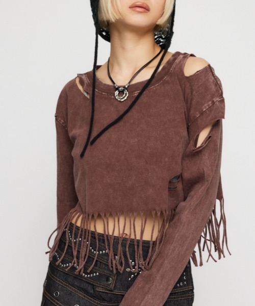 LAGUA GEM(ラグアジェム)の「DAMAGE HEM FRINGE トップス(Tシャツ/カットソー・レディース・ブラウン/チャコールグレー・FREE)」の2枚目の写真