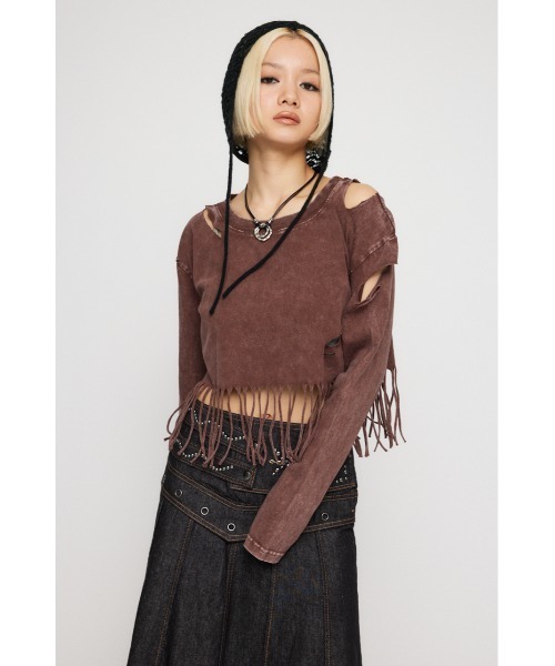 LAGUA GEM(ラグアジェム)の「DAMAGE HEM FRINGE トップス(Tシャツ/カットソー・レディース・ブラウン/チャコールグレー・FREE)」の21枚目の写真