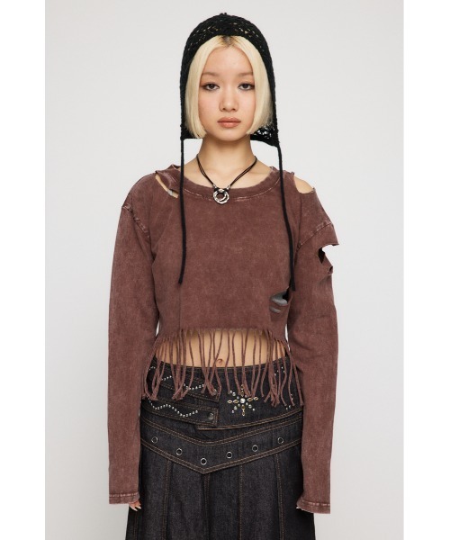 LAGUA GEM(ラグアジェム)の「DAMAGE HEM FRINGE トップス(Tシャツ/カットソー・レディース・ブラウン/チャコールグレー・FREE)」の19枚目の写真