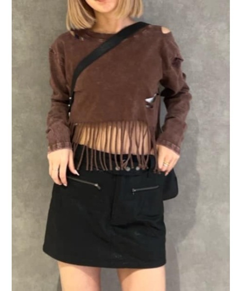 LAGUA GEM(ラグアジェム)の「DAMAGE HEM FRINGE トップス(Tシャツ/カットソー・レディース・ブラウン/チャコールグレー・FREE)」の6枚目の写真