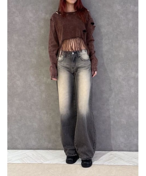 LAGUA GEM(ラグアジェム)の「DAMAGE HEM FRINGE トップス(Tシャツ/カットソー・レディース・ブラウン/チャコールグレー・FREE)」の3枚目の写真