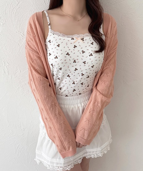 LAPINE ROUGE　ラピーヌ　透かし編みニットのカーディガン セール】リボン透かし編みニットカーディガン（カーディガン