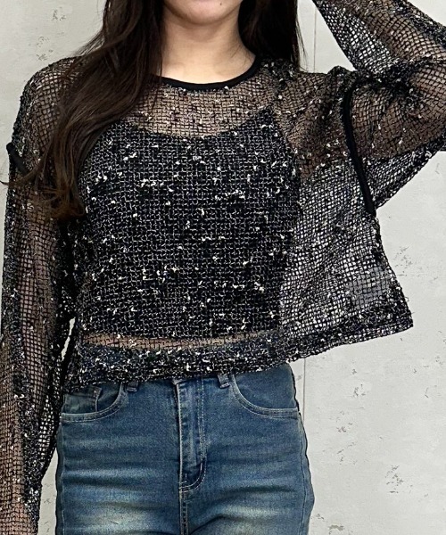 Per sist ence(パーシエンス)の「カットメッシュクロップドプルオーバー(Tシャツ/カットソー・レディース・アイボリー/ブラック/ベージュ・FREE)」の2枚目の写真