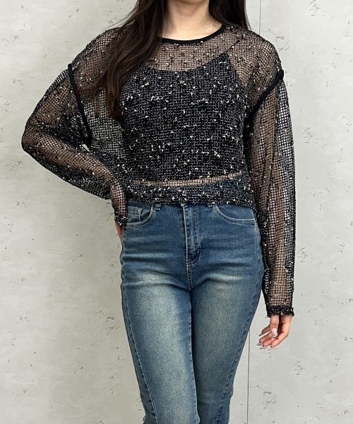 Per sist ence(パーシエンス)の「カットメッシュクロップドプルオーバー(Tシャツ/カットソー・レディース・アイボリー/ブラック/ベージュ・FREE)」の7枚目の写真