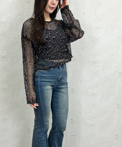 Per sist ence(パーシエンス)の「カットメッシュクロップドプルオーバー(Tシャツ/カットソー・レディース・アイボリー/ブラック/ベージュ・FREE)」の8枚目の写真
