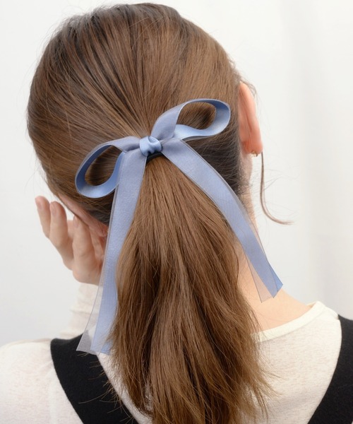 オーガンジーリボンヘアゴム ぱんだとりんご セール】サテン×オーガンジーリボンポニー ヘアゴム（ヘアゴム