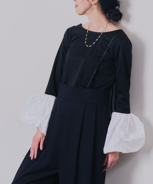 DOLLUPOOPS(ドールアップウップス)の「配色バルーンスリーブトップス(Tシャツ/カットソー・レディース・ワイン/ブラック/ライトグレー・38)」の1枚目の写真