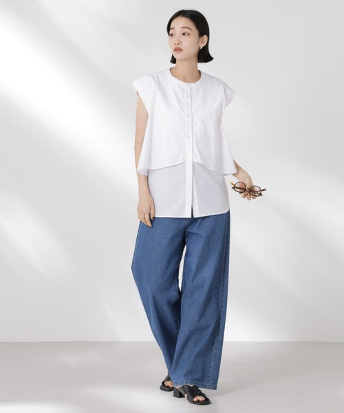 NANO universe（ナノユニバース）の「フロントフレアケープカラーノースリーブシャツ（シャツ/ブラウス・レディース・チャコール/ピンク/ホワイト・FREE）」の9枚目の写真