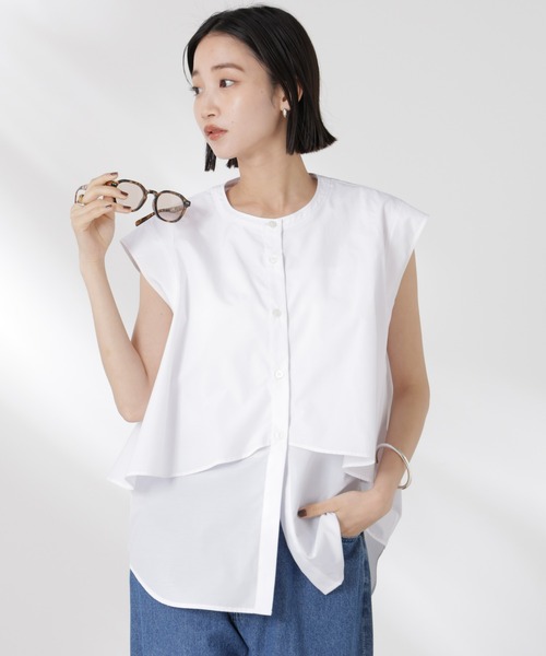 NANO universe（ナノユニバース）の「フロントフレアケープカラーノースリーブシャツ（シャツ/ブラウス・レディース・チャコール/ピンク/ホワイト・FREE）」の5枚目の写真