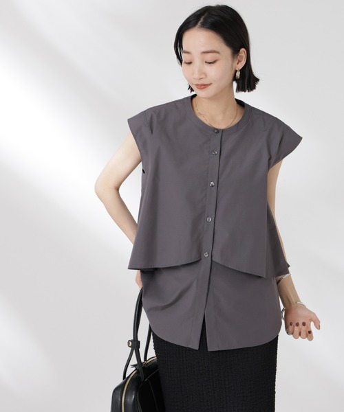 NANO universe（ナノユニバース）の「フロントフレアケープカラーノースリーブシャツ（シャツ/ブラウス・レディース・チャコール/ピンク/ホワイト・FREE）」の19枚目の写真