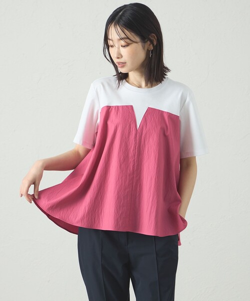 CAST:(キャストコロン)の「【1枚で着映える】異素材コンビカットソー(Tシャツ/カットソー・レディース・グリーン系その他7/ブラック/ピンク系その他2・M)」の1枚目の写真