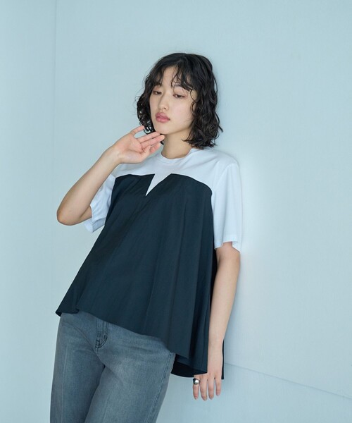 CAST:(キャストコロン)の「【1枚で着映える】異素材コンビカットソー(Tシャツ/カットソー・レディース・グリーン系その他7/ブラック/ピンク系その他2・M)」の2枚目の写真