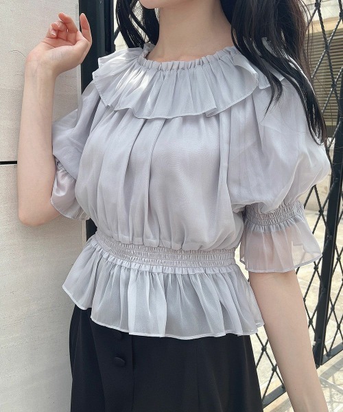 F i.n.t（フィント）の「シアーオフショルフリルプルオーバーブラウス　夏服（シャツ/ブラウス・レディース・ブルーグレー/ライトピンク/アイボリー/ミント・FREE）」の2枚目の写真