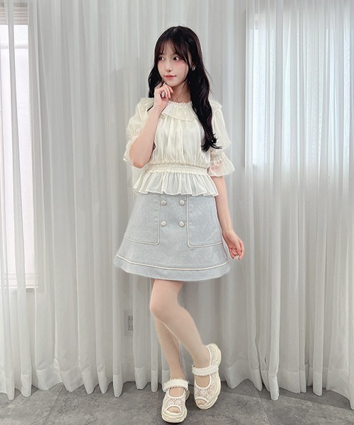 セール】シアーオフショルフリルプルオーバーブラウス 夏服