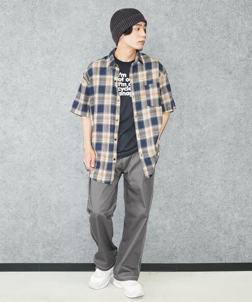 Beno（ビーノ）の「半袖チェックシャツ（Tシャツ/カットソー・メンズ・ネイビー/イエロー/ブルー/ブラック・MEDIUM/LARGE）」の9枚目の写真