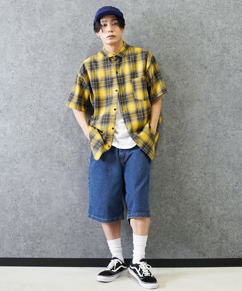 Beno（ビーノ）の「半袖チェックシャツ（Tシャツ/カットソー・メンズ・ネイビー/イエロー/ブルー/ブラック・MEDIUM/LARGE）」の14枚目の写真