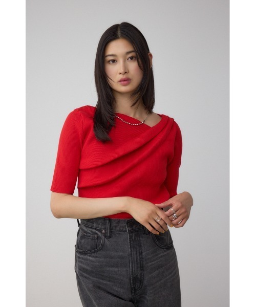 AZUL by moussy(アズールバイマウジー)の「ドレープデザイン5分袖リブニット(ニット/セーター・レディース・ダークグリーン/アイボリー/ブラック/レッド・FREE)」の15枚目の写真