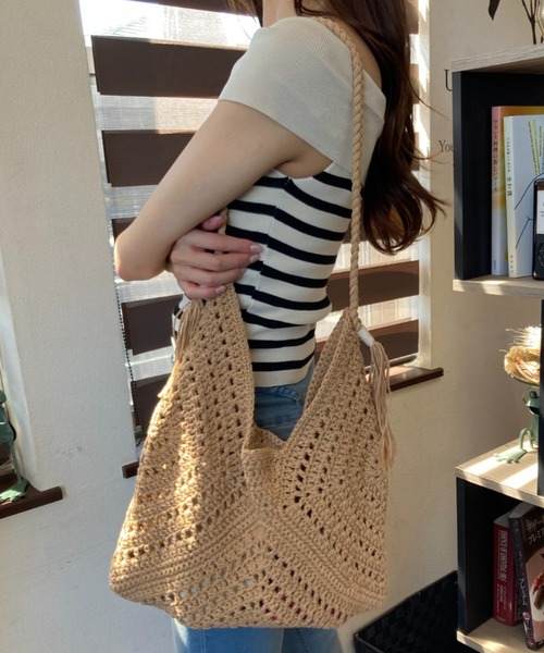 Maat_ 非売品　水色 かぎ編み　トートバッグ　メッシュバック かぎ針編み2色メッシュトートバッグ(カードホルダー付き) CB006