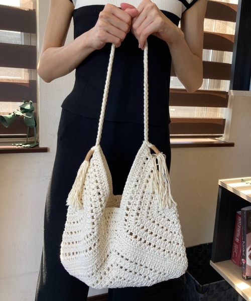 Maat_ 非売品　水色 かぎ編み　トートバッグ　メッシュバック かぎ針編み2色メッシュトートバッグ(カードホルダー付き) CB006