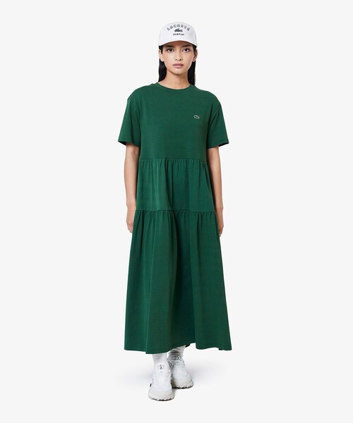 Lacoste ダークグリーン 半袖ロングワンピース ラコステ LACOSTE シャイニーツイルロングドレス （ダーク