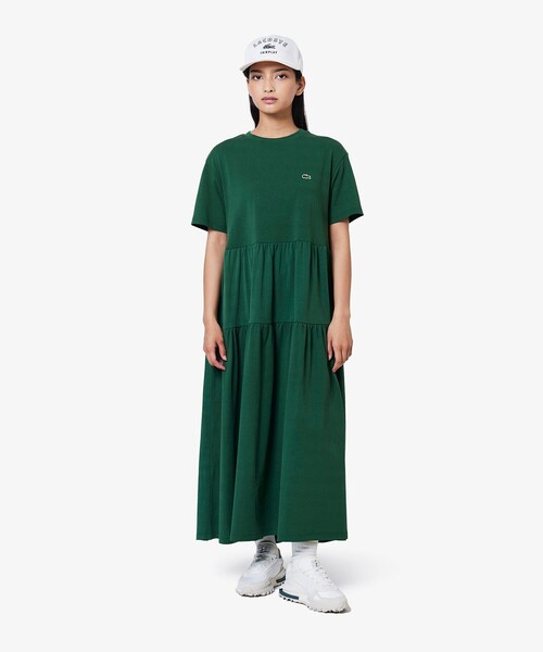 LACOSTE バーガンディ 5分袖ワンピース　ラコステ　ルーズフィット LACOSTE シャツワンピース ルーズフィット5分袖ポロドレス