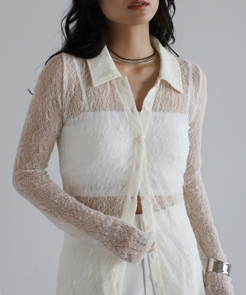 セール】sheer stretch lace polo cardigan / シアーストレッチ