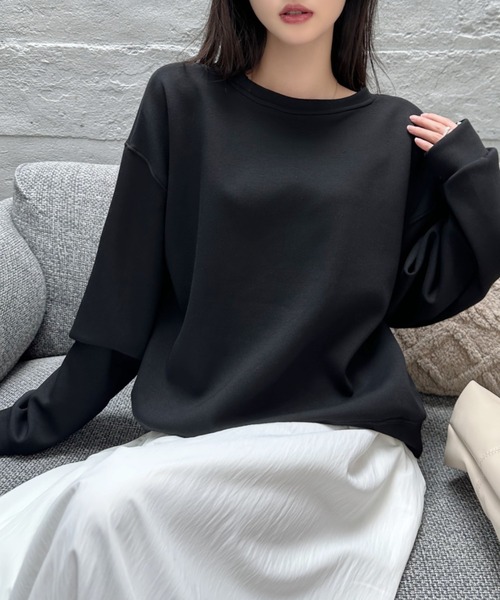 Eclat one（エクラワン）の「【Eclat one】ダンボール クルーネック スウェット（スウェット・レディース・ベージュ/ブラック/ライトブルー・FREE）」の2枚目の写真