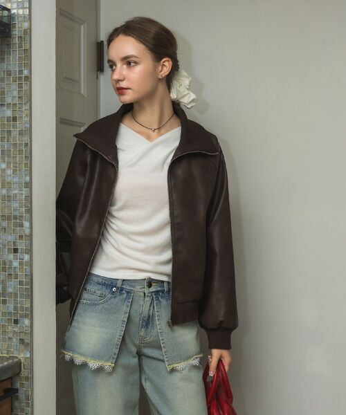 RETRO GIRL（レトロガール）の「襟リブレザーBZ（ブルゾン・レディース・ブラウン/ブラック・FREE）」の4枚目の写真