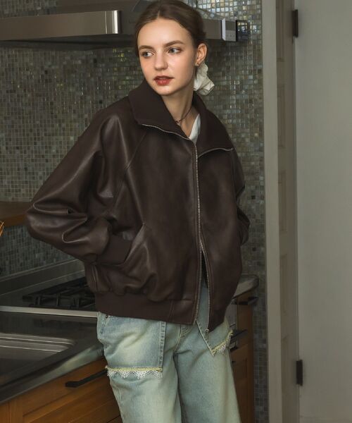 RETRO GIRL（レトロガール）の「襟リブレザーBZ（ブルゾン・レディース・ブラウン/ブラック・FREE）」の8枚目の写真