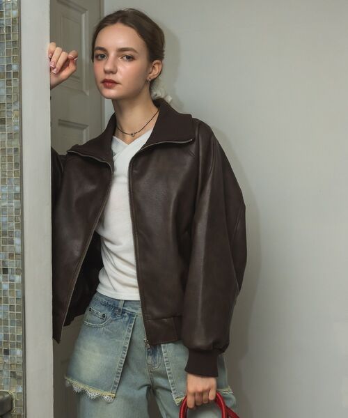 RETRO GIRL（レトロガール）の「襟リブレザーBZ（ブルゾン・レディース・ブラウン/ブラック・FREE）」の3枚目の写真