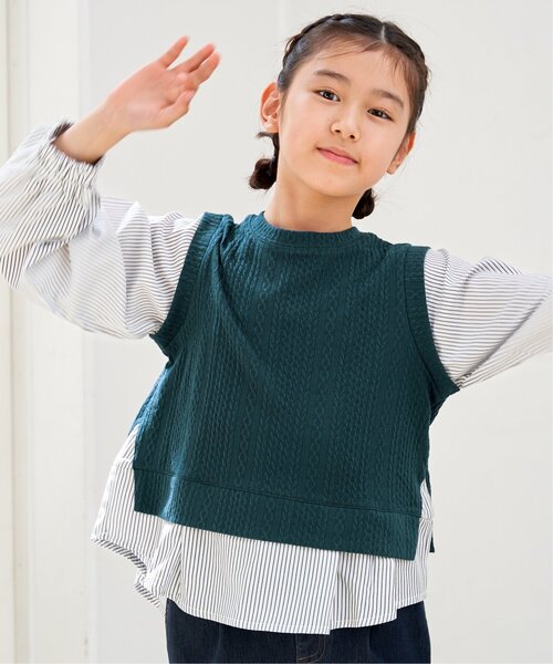 ikka（イッカ）の「【親子コーデ】ケーブル柄レイヤードプルオーバー（120~160cm）（Tシャツ/カットソー・キッズ・ブラック/ブルー/グリーン・120/130/140/150/160）」の12枚目の写真
