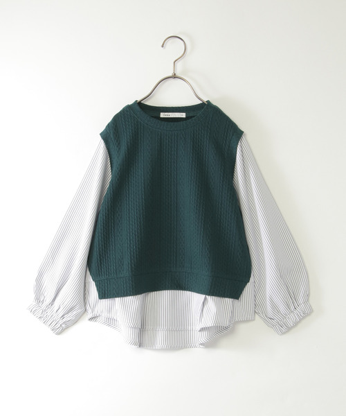 ikka（イッカ）の「【親子コーデ】ケーブル柄レイヤードプルオーバー（120~160cm）（Tシャツ/カットソー・キッズ・ブラック/ブルー/グリーン・120/130/140/150/160）」の3枚目の写真