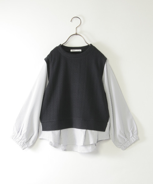 ikka（イッカ）の「【親子コーデ】ケーブル柄レイヤードプルオーバー（120~160cm）（Tシャツ/カットソー・キッズ・ブラック/ブルー/グリーン・120/130/140/150/160）」の2枚目の写真