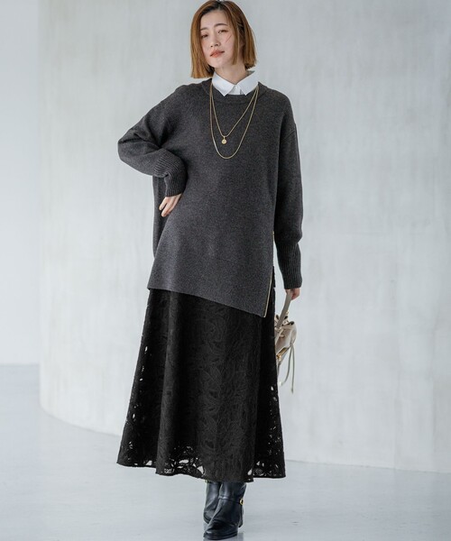 セール】カシミヤブレンド サイドジップ ニットチュニック（ニット