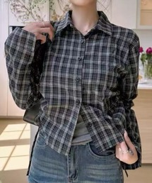 【WEB限定】サイドシャーリング長袖チェック柄シャツ［韓国ファッション カジュアル］