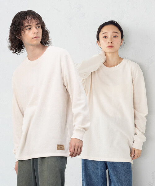Purple&Yellow（パープルアンドイエロー）の「裏起毛ワッフル 長袖Ｔシャツ（Tシャツ/カットソー・メンズ・カーキ/ブラック/アイボリー/ホワイト・LARGE/MEDIUM/SMALL）」の2枚目の写真