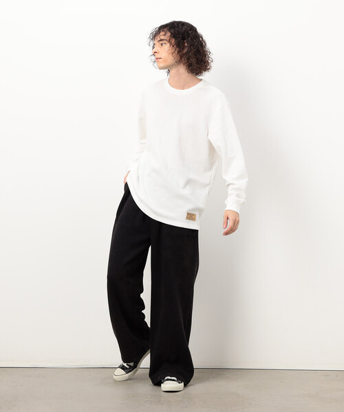 Purple&Yellow（パープルアンドイエロー）の「裏起毛ワッフル 長袖Ｔシャツ（Tシャツ/カットソー・メンズ・カーキ/ブラック/アイボリー/ホワイト・LARGE/MEDIUM/SMALL）」の5枚目の写真