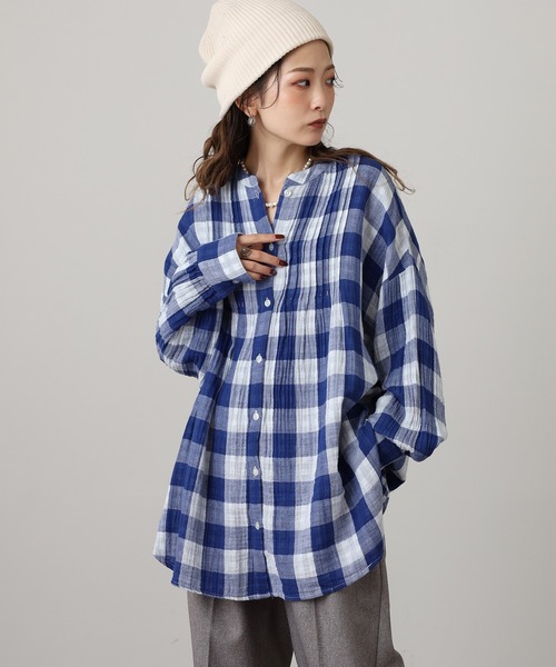 OMNES(オムネス)の「ダブルガーゼピンタック長袖シャツ(シャツ/ブラウス・レディース・ネイビー系/ブラック/パープル・FREE)」の4枚目の写真