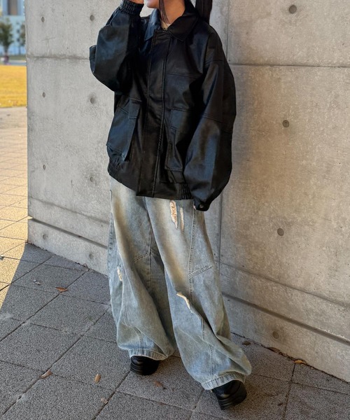 NYLAUS（ナイラス）の「【Nylaus】オーバーサイズPUレザーA-2型フライトジャケット レザーブルゾン レザージャケット（ブルゾン・メンズ・ブラウン/ブラック・L/M）」の13枚目の写真