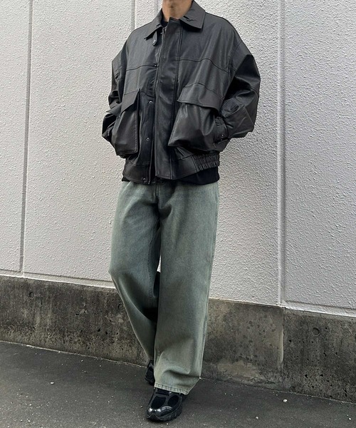 NYLAUS（ナイラス）の「【Nylaus】オーバーサイズPUレザーA-2型フライトジャケット レザーブルゾン レザージャケット（ブルゾン・メンズ・ブラウン/ブラック・L/M）」の18枚目の写真