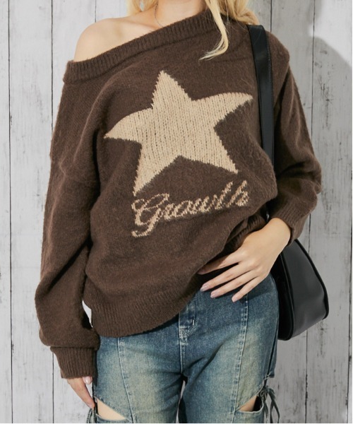 GORGE（ゴージ）の「《スター柄×オフショル》レディース フェザーニット プルオーバー ゆるシルエット 秋冬（ニット/セーター・レディース・ネイビー/チャコール/ボルドー/ブラウン・F）」の3枚目の写真