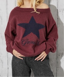 《スター柄×オフショル》レディース フェザーニット プルオーバー ゆるシルエット 秋冬
