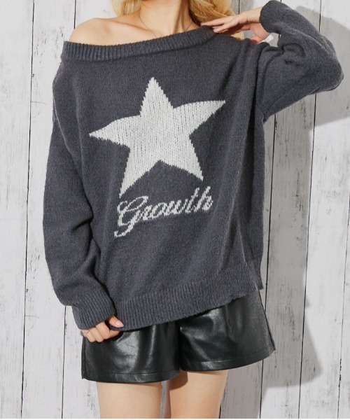 GORGE（ゴージ）の「《スター柄×オフショル》レディース フェザーニット プルオーバー ゆるシルエット 秋冬（ニット/セーター・レディース・ネイビー/チャコール/ボルドー/ブラウン・F）」の6枚目の写真