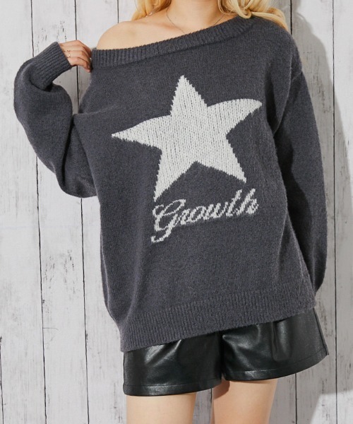 GORGE（ゴージ）の「《スター柄×オフショル》レディース フェザーニット プルオーバー ゆるシルエット 秋冬（ニット/セーター・レディース・ネイビー/チャコール/ボルドー/ブラウン・F）」の7枚目の写真