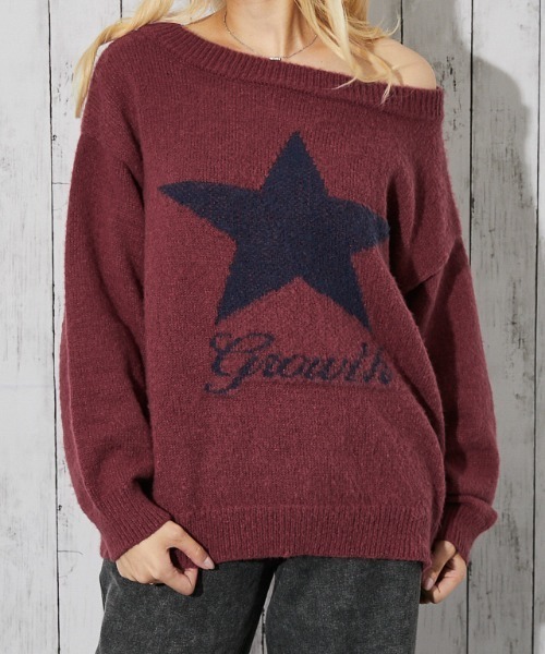 GORGE（ゴージ）の「《スター柄×オフショル》レディース フェザーニット プルオーバー ゆるシルエット 秋冬（ニット/セーター・レディース・ネイビー/チャコール/ボルドー/ブラウン・F）」の10枚目の写真