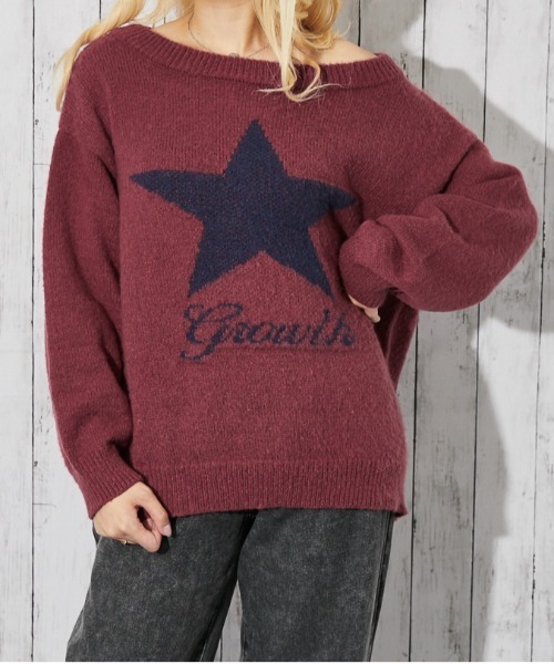 GORGE（ゴージ）の「《スター柄×オフショル》レディース フェザーニット プルオーバー ゆるシルエット 秋冬（ニット/セーター・レディース・ネイビー/チャコール/ボルドー/ブラウン・F）」の11枚目の写真