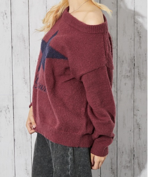 GORGE（ゴージ）の「《スター柄×オフショル》レディース フェザーニット プルオーバー ゆるシルエット 秋冬（ニット/セーター・レディース・ネイビー/チャコール/ボルドー/ブラウン・F）」の12枚目の写真