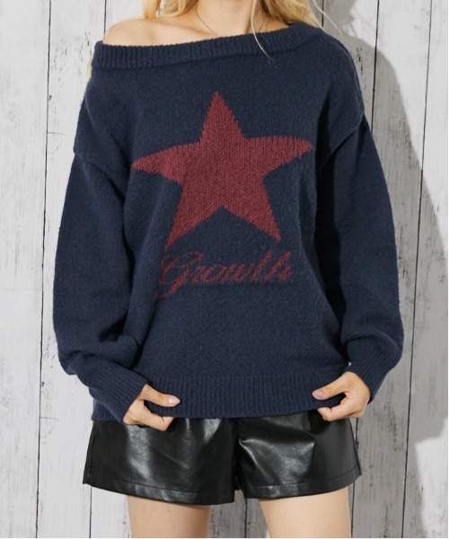 GORGE（ゴージ）の「《スター柄×オフショル》レディース フェザーニット プルオーバー ゆるシルエット 秋冬（ニット/セーター・レディース・ネイビー/チャコール/ボルドー/ブラウン・F）」の14枚目の写真