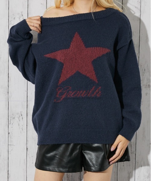 GORGE（ゴージ）の「《スター柄×オフショル》レディース フェザーニット プルオーバー ゆるシルエット 秋冬（ニット/セーター・レディース・ネイビー/チャコール/ボルドー/ブラウン・F）」の15枚目の写真