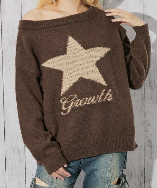 GORGE（ゴージ）の「《スター柄×オフショル》レディース フェザーニット プルオーバー ゆるシルエット 秋冬（ニット/セーター・レディース・ネイビー/チャコール/ボルドー/ブラウン・F）」の18枚目の写真